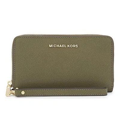 Shop Michael Michael Kors Leather Wristlet In Olive
