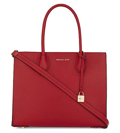 Shop Michael Michael Kors Mercer Large Grained Leather Tote Bag In Bright Red/sig