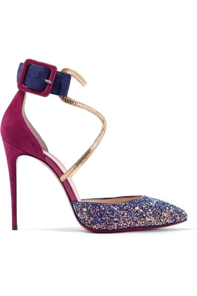 Shop Christian Louboutin Suzanna 100 Leather-trimmed Glittered Suede Pumps In Plum