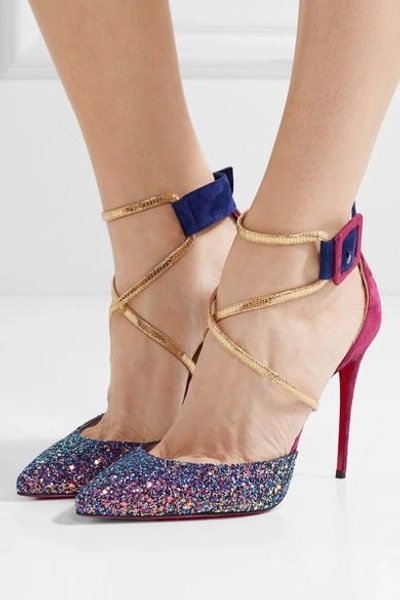 Shop Christian Louboutin Suzanna 100 Leather-trimmed Glittered Suede Pumps In Plum