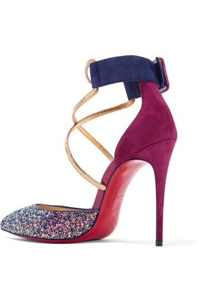 Shop Christian Louboutin Suzanna 100 Leather-trimmed Glittered Suede Pumps In Plum