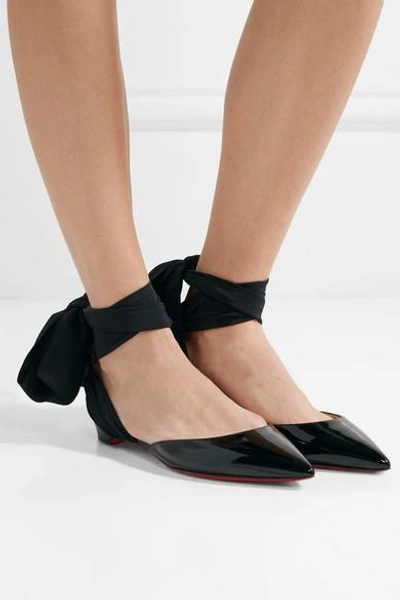 Shop Christian Louboutin Lahore Lace-up Crepe De Chine And Patent-leather Flats In Black
