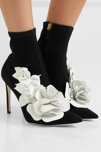 Shop Sophia Webster Jumbo Lilico Floral-appliquéd Leather And Suede Ankle Boots In Black