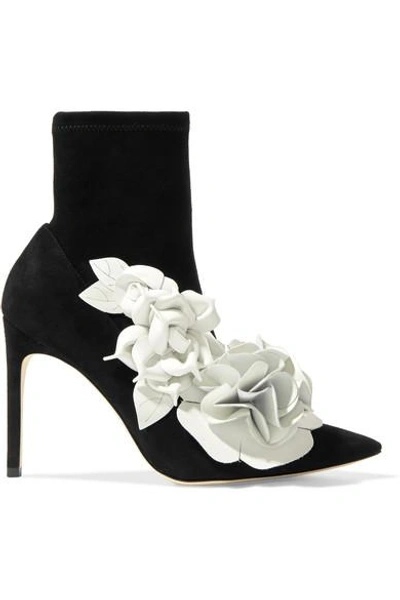 Shop Sophia Webster Jumbo Lilico Floral-appliquéd Leather And Suede Ankle Boots In Black