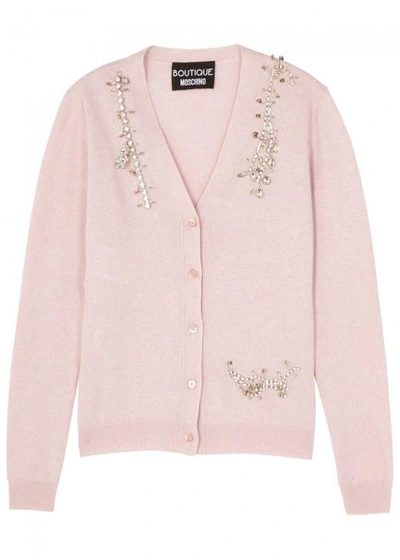 Shop Boutique Moschino Crystal-embellished Wool Blend Cardigan In Pink
