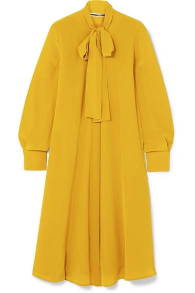 Shop Mcq By Alexander Mcqueen Embellished Pussy-bow Crepe Dress In Mustard