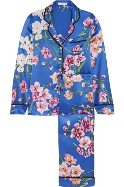 Shop Olivia Von Halle Lila Floral-print Silk-satin Pajama Set In Blue