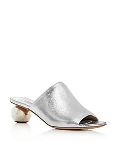 Shop Michael Kors Women's Maxie Leather Mid Heel Slide Sandals In Silver