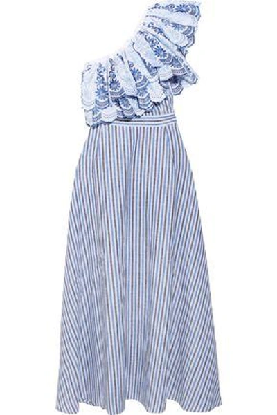 Shop Gül Hürgel One-shoulder Ruffled Printed Cotton And Linen-blend Midi Dress In Blue