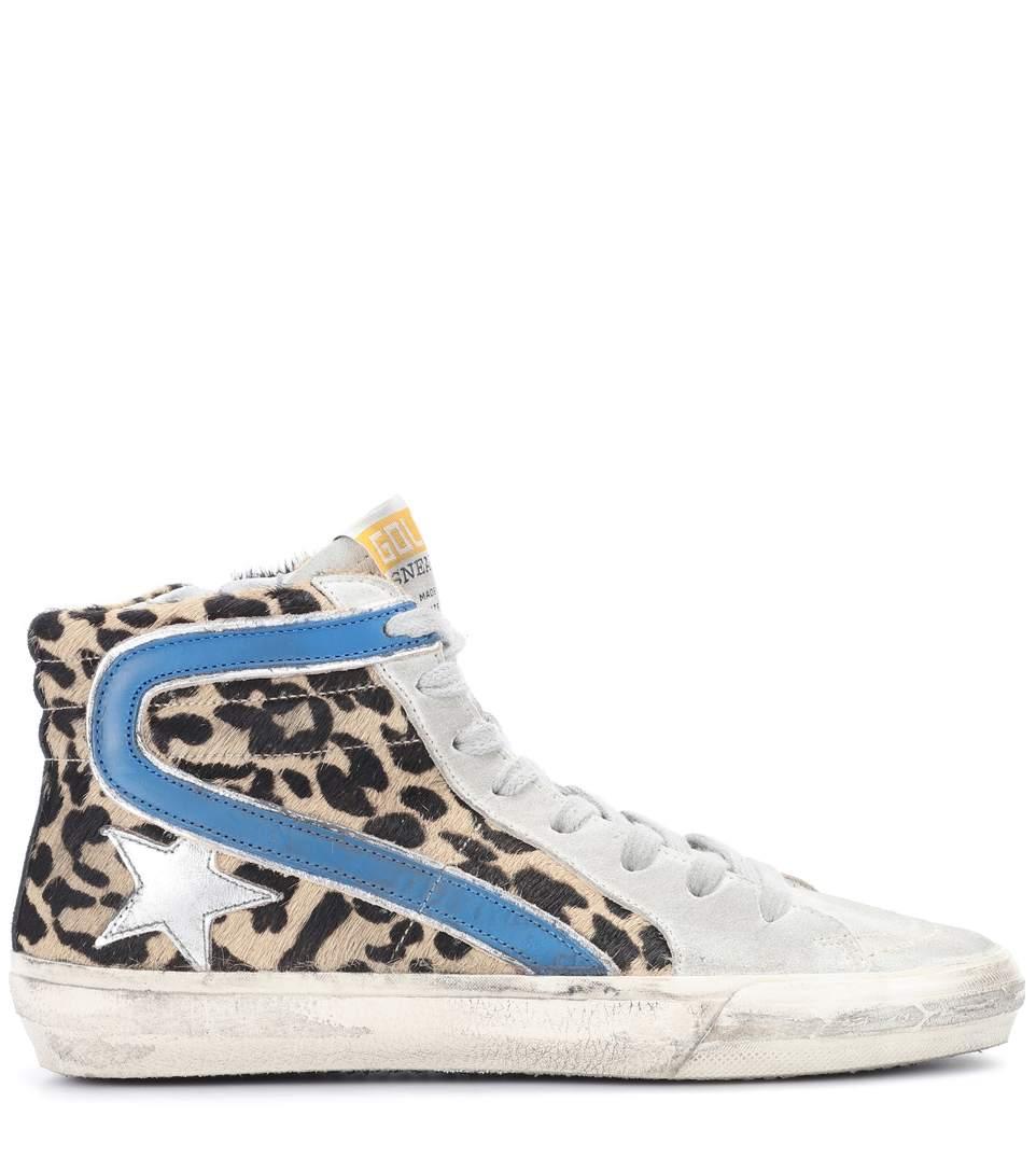 Golden Goose Leopard Print Slide Pony Hi Top Sneakers In Brown | ModeSens