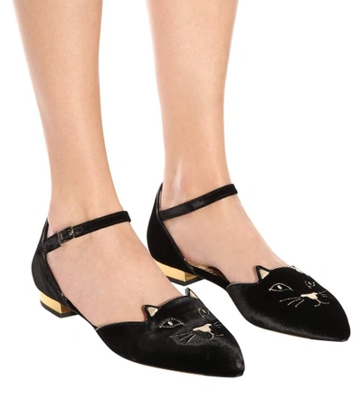 Shop Charlotte Olympia Mid-century Kitty Velvet Ballerinas In Black