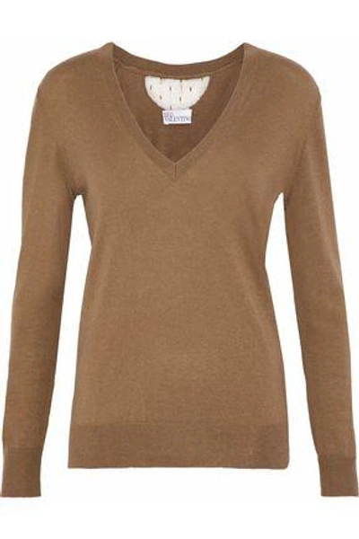 Shop Red Valentino Woman Point D'espirit Cashmere And Silk-blend Sweater Camel