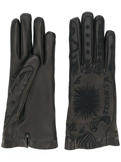 Shop Gucci Embroidered Leather Gloves In Black