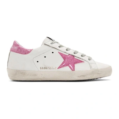 Shop Golden Goose White And Pink Glitter Superstar Sneakers