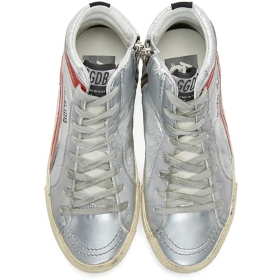 Shop Golden Goose Silver And Red Glitter Slide High-top Sneakers In Silver-red