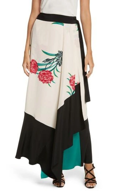 Shop Diane Von Furstenberg Draped Wrap Silk Midi Skirt In Farren Pearl/ Black/ Jade
