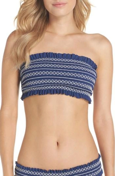 Shop Tory Burch Costa Smocked Bandeau Bikini Top In Capri Blue/ New Ivory