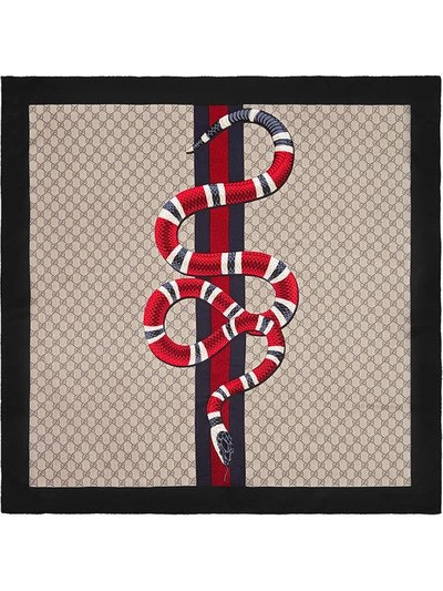 Shop Gucci Web And Kingsnake Print Gg Silk Scarf In Neutrals