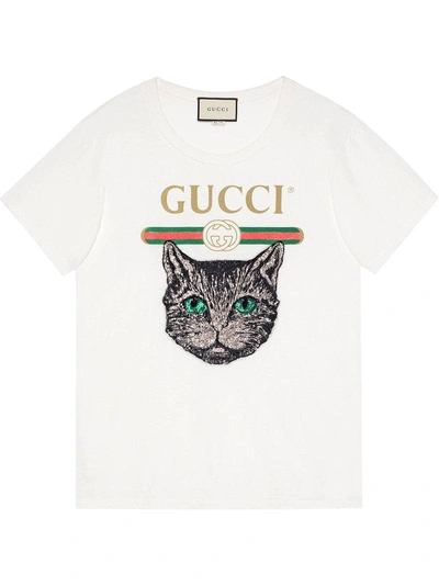 Gucci Logo T-shirt With Mystic Cat In White | ModeSens