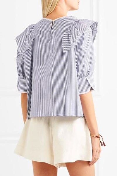 Shop Atlantique Ascoli Dimanche Ruffled Striped Cotton-poplin Blouse In Blue