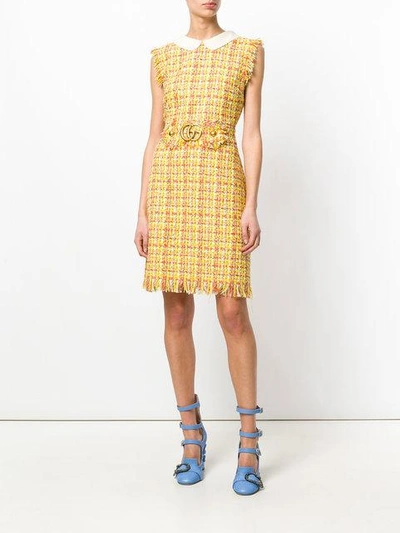 Shop Gucci Sleeveless Tweed Dress In Yellow