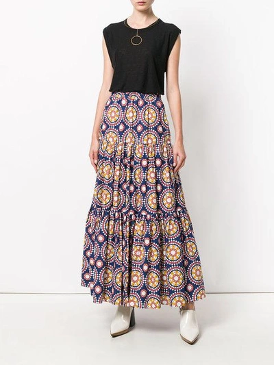 Shop La Doublej Patterned Tiered Long Skirt In Blue