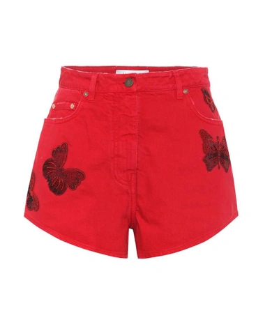 Shop Valentino Embroidered Cotton-denim Shorts In Red