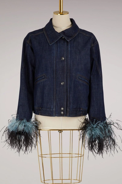 Shop Prada Feathers Denim Jacket In Blue