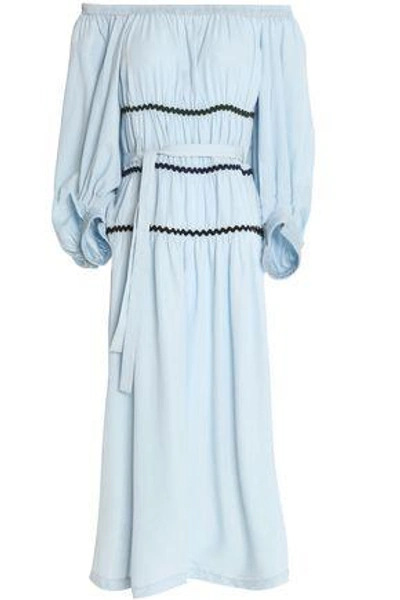 Shop Sonia Rykiel Woman Off-the-shoulder Belted Chambray Dress Sky Blue
