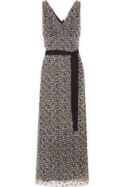 Shop Christopher Kane Woman Belted Flocked Tulle Maxi Dress Multicolor