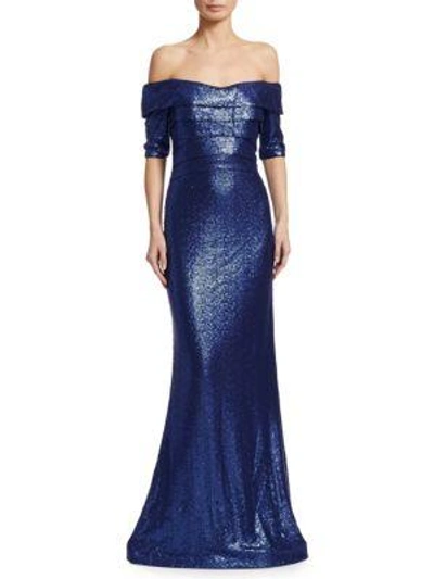 Shop Rene Ruiz Off-the-shoulder Sequin Gown In Cobalt
