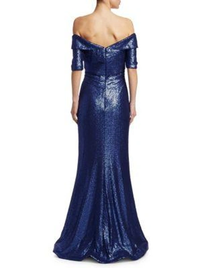 Shop Rene Ruiz Off-the-shoulder Sequin Gown In Cobalt