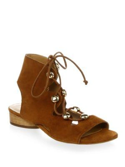 Shop Rebecca Minkoff Embellished Suede Lace-up Sandals In Almond