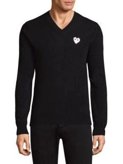 Shop Comme Des Garçons Play Heart Wool V-neck Sweater In Black