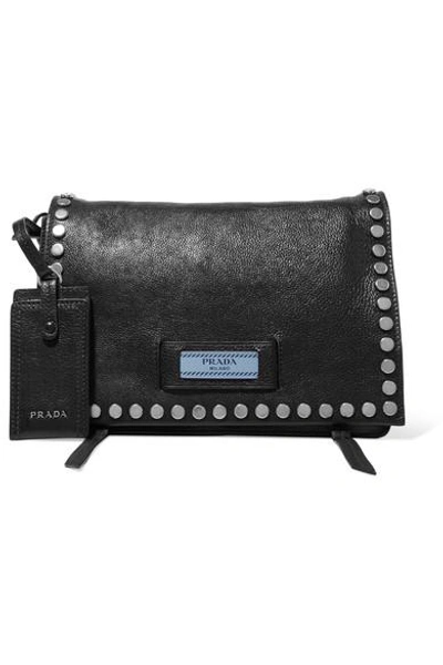 Shop Prada Etiquette Small Studded Textured-leather Shoulder Bag In Black