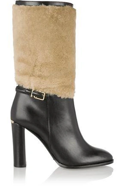 Shop Burberry Woman London Shearling-paneled Leather Boots Black