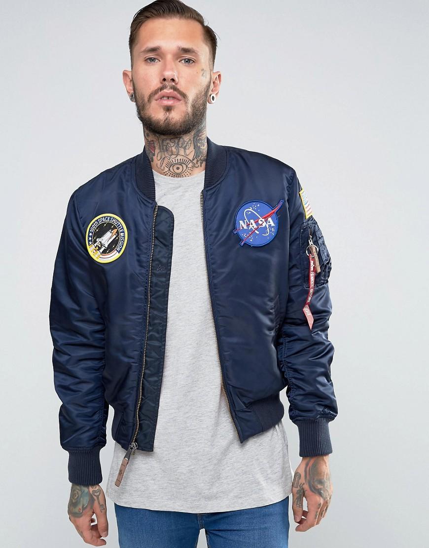 Alpha Industries Ma 1 Bomber Jacket With Nasa Patches In Navy Slim Fit Navy Modesens