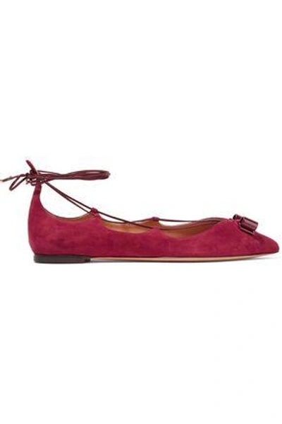 Shop Ferragamo Woman Bow-embellished Lace-up Suede Point-toe Flats Burgundy