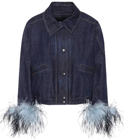 Shop Prada Feather-trimmed Denim Jacket In Blue