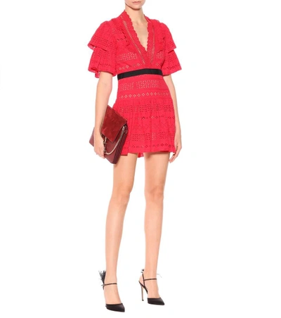 Shop Self-portrait Cotton Mini-dress In Red