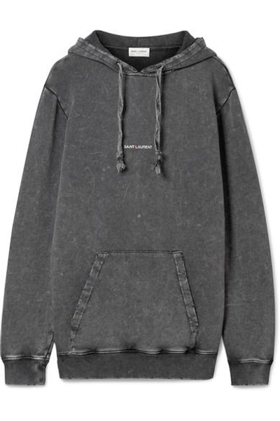 Shop Saint Laurent Printed Cotton-jersey Hoodie In Dark Gray