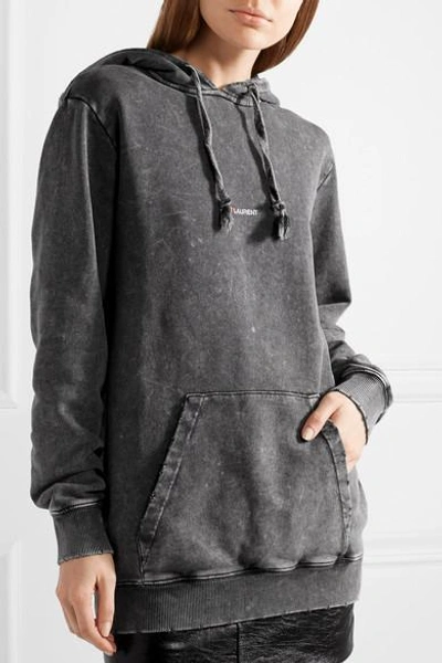 Shop Saint Laurent Printed Cotton-jersey Hoodie In Dark Gray