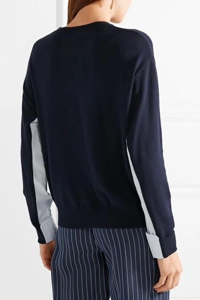 Shop Adam Lippes Poplin-paneled Merino Wool Sweater In Midnight Blue