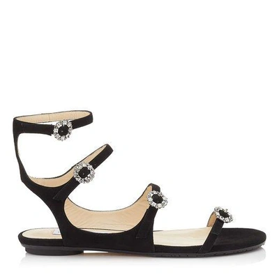 NAIA FLAT Black Suede Sandals with Swarovski Crystal Buckles
