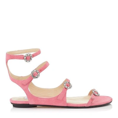 Shop Jimmy Choo Naia Flat Flamingo Suede Sandals With Swarovski Crystal Buckles In Flamingo/crystal