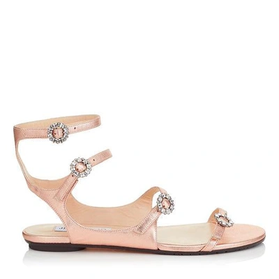 Shop Jimmy Choo Naia Flat Tea Rose Metallic Nappa Leather Sandals With Swarovski Crystal Buckles In Tea Rose/crystal