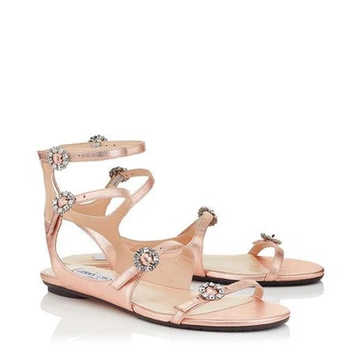 Shop Jimmy Choo Naia Flat Tea Rose Metallic Nappa Leather Sandals With Swarovski Crystal Buckles In Tea Rose/crystal