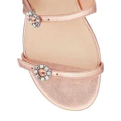 Shop Jimmy Choo Naia Flat Tea Rose Metallic Nappa Leather Sandals With Swarovski Crystal Buckles In Tea Rose/crystal