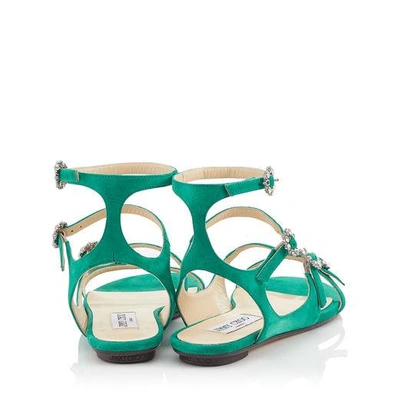 Shop Jimmy Choo Naia Flat Emerald Suede Sandals With Swarovski Crystal Buckles In Emerald/crystal