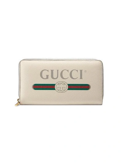 Shop Gucci Print Leather Zip Around Wallet In Neutrals